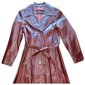 🛑SOLD‼️ VINTAGE WILSON'S MAROON-WINE-RED LEATHER WOMENS BELTED LONG TRENCH COAT